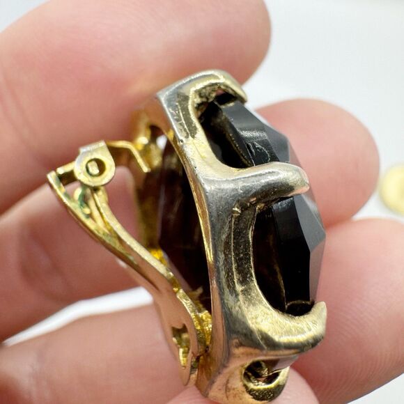 Vintage Smoky Topaz Amber Root beer Glass Large Headlight Clip On Earrings - Picture 9 of 10